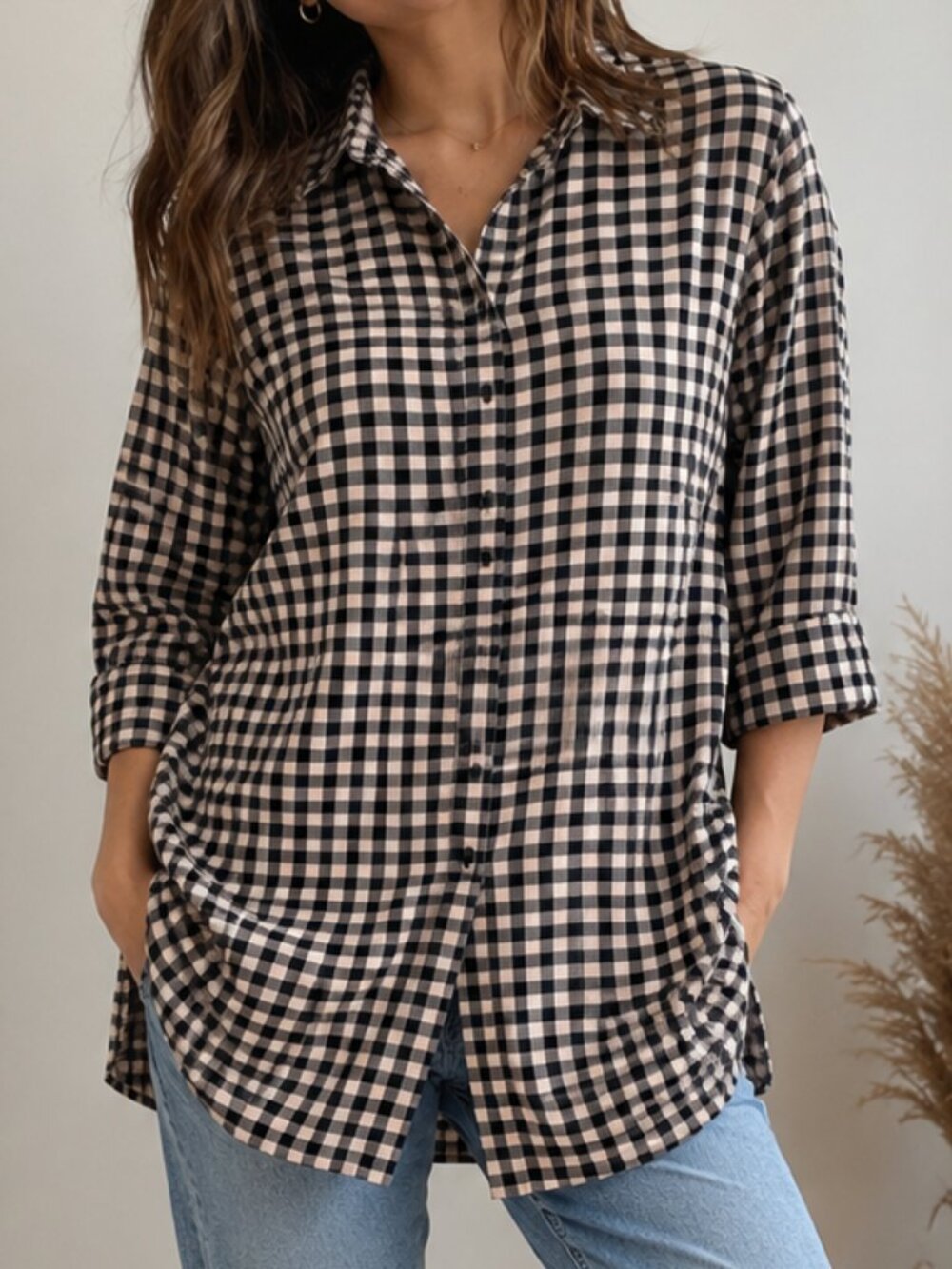 H&M Women's Gingham Button-Up Shirt Size 8 (US) Pink & Black 3/4 Sleeve Casual